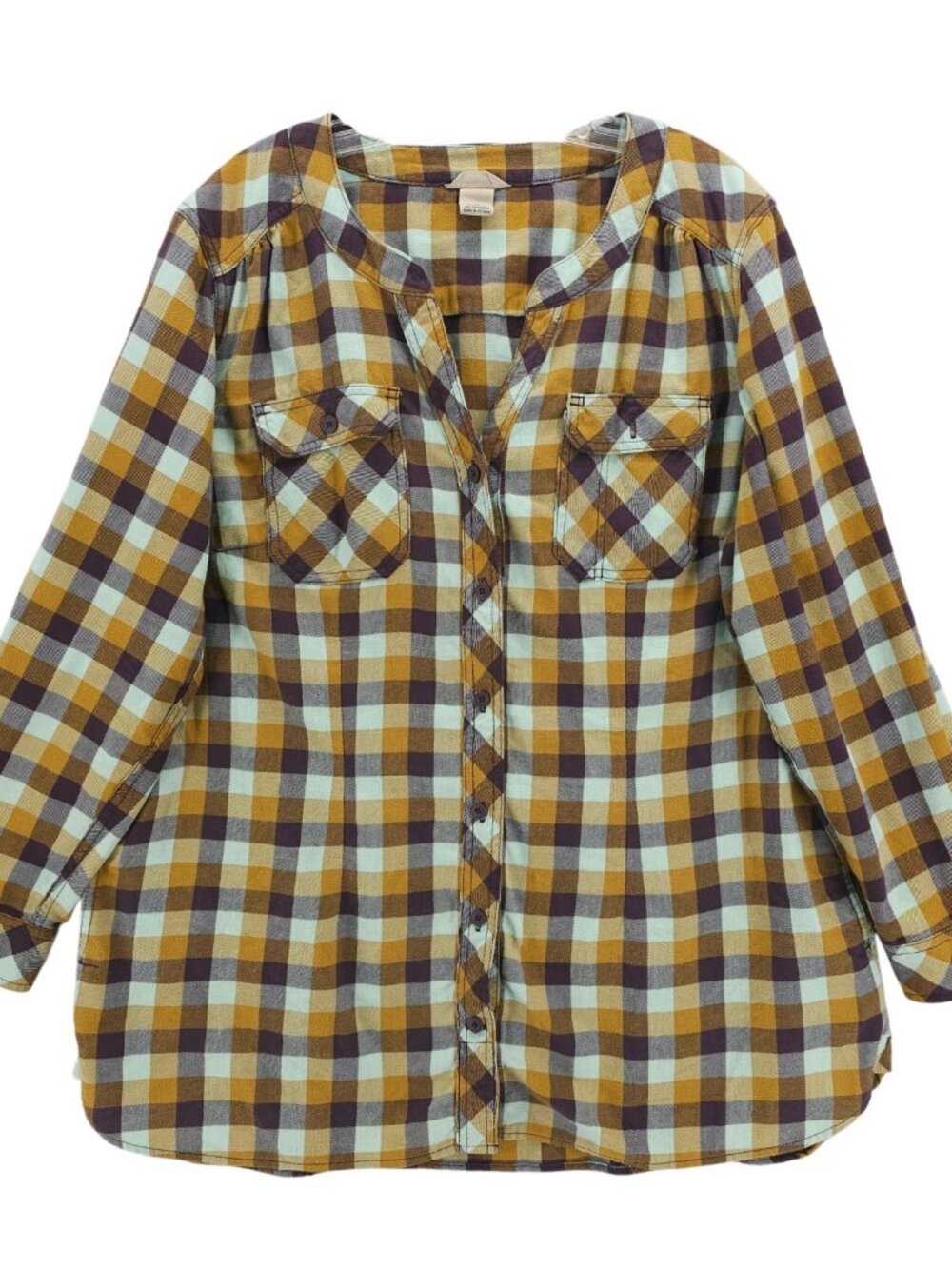 DULUTH TRADING Women's Crosscut Flannel Tunic Plaid Check Roll Tab Size 1X